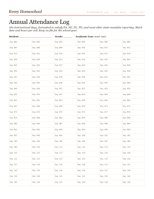 Preview of Annual Attendance Log (180 days, 2026–27)