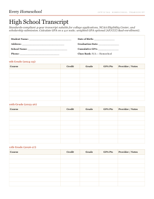 Preview of High School Transcript Template